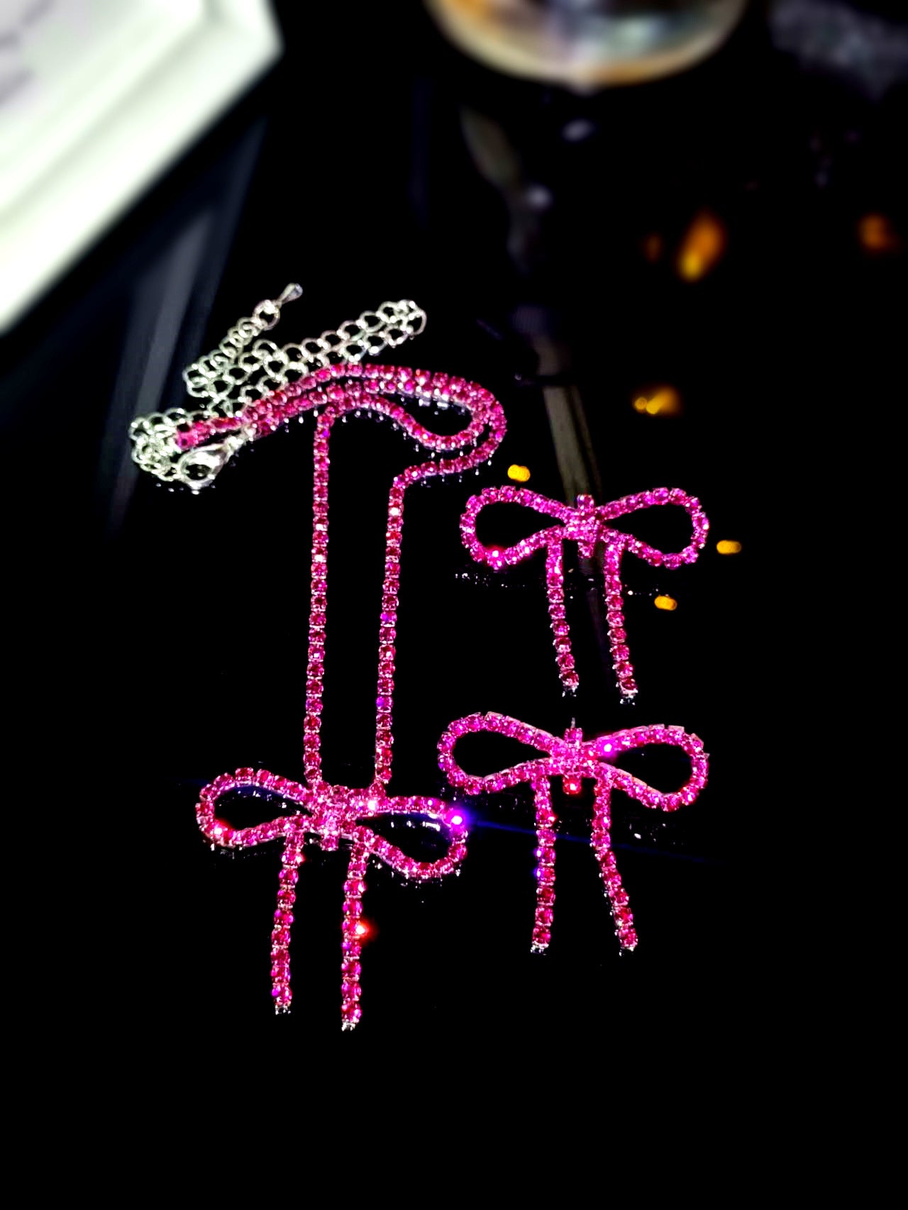 亚马逊爆款闪亮水钻蝴蝶结项链耳环套装 两件套走秀比赛项饰耳饰