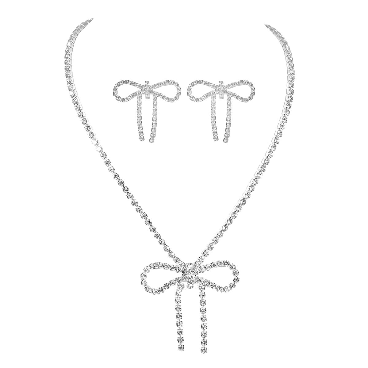 亚马逊爆款闪亮水钻蝴蝶结项链耳环套装 两件套走秀比赛项饰耳饰