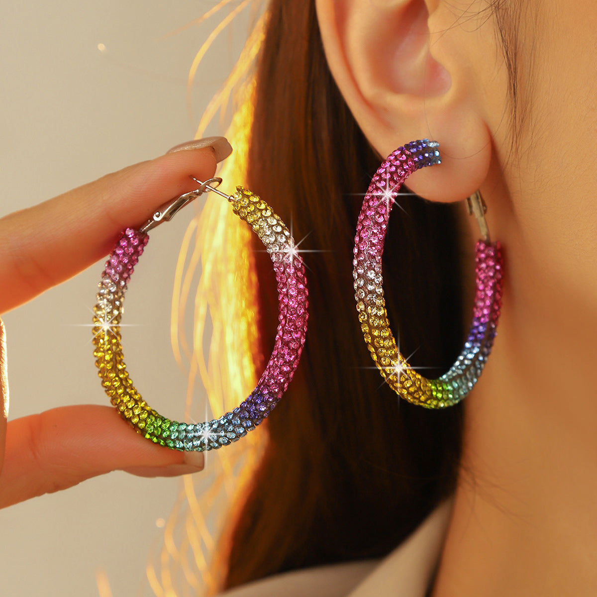 外贸热销 欧美夸张镶钻双排大圈街舞hiphop耳环耳圈 新娘耳饰批发