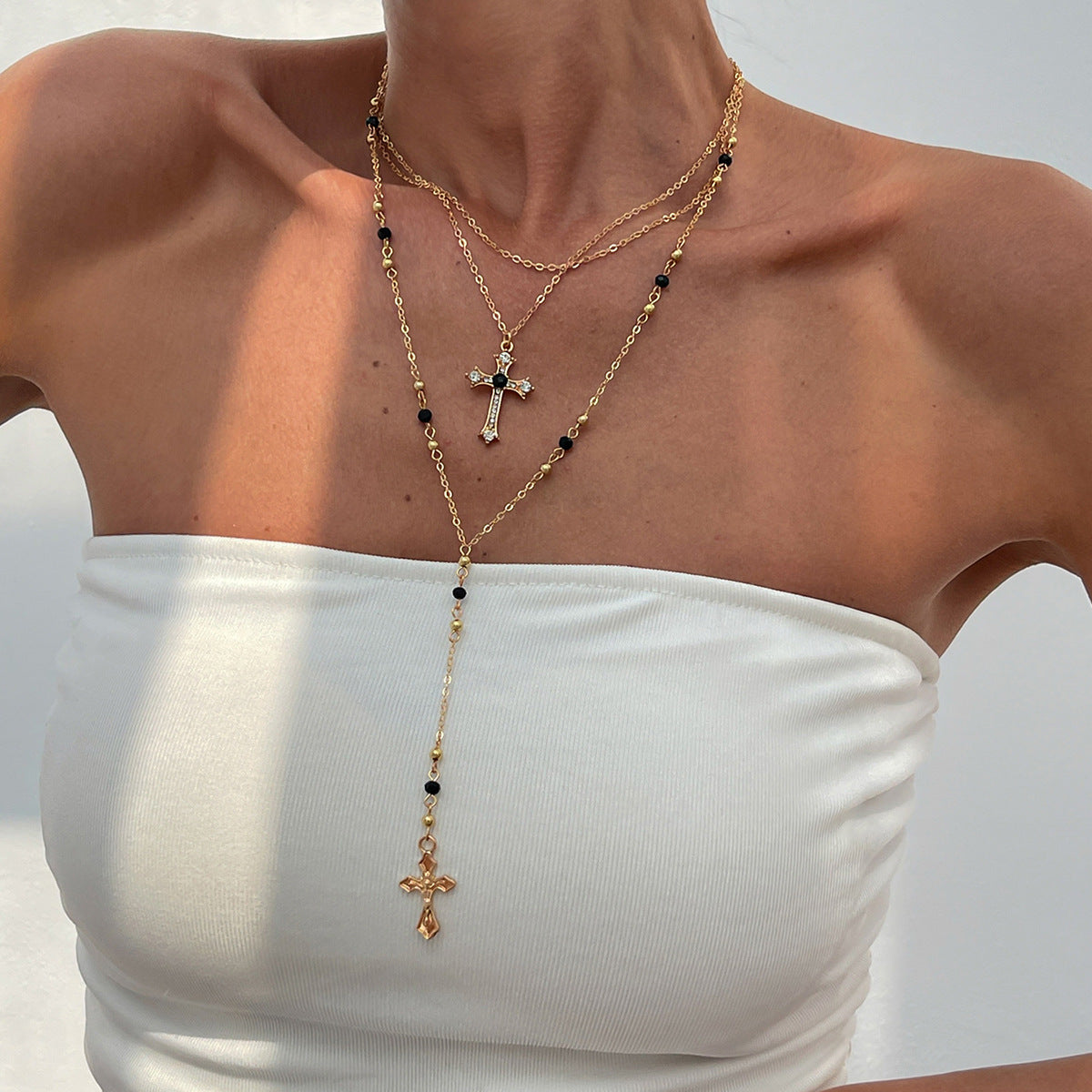 欧美跨境嘻哈ins风镶钻十字架吊坠项链 时尚仿珍珠链条叠戴项饰女