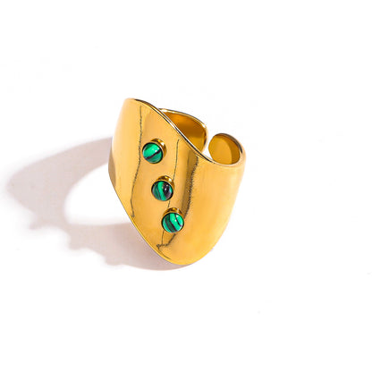 麦芽欧美ins风指环不锈钢18K金镶彩色天然石戒指女轻奢高级感手饰