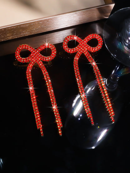 全铜 百搭蝴蝶结长款流苏耳环 时尚闪亮水钻耳钉无耳洞耳夹款