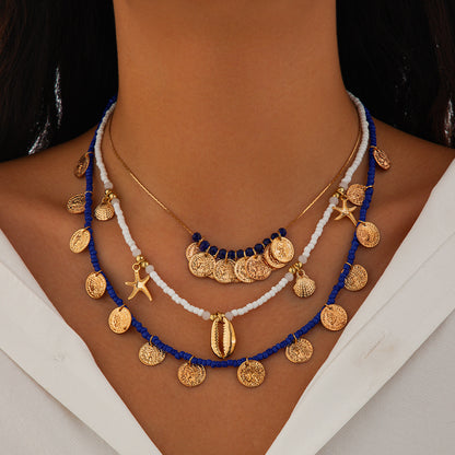 欧美跨境饰品 沙滩串珠项链仿珍珠项饰 海星贝壳复古度假necklace