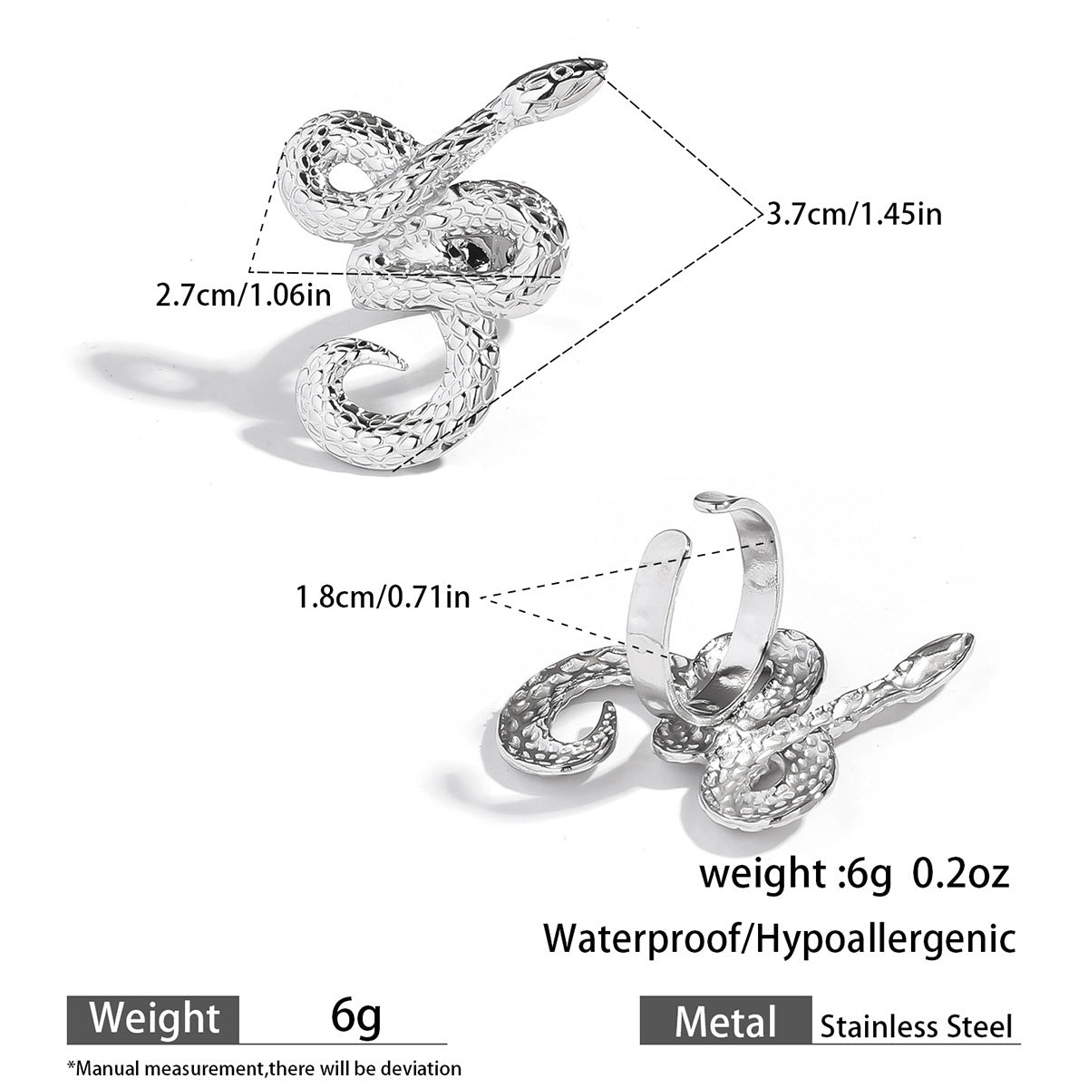 麦芽欧美跨境灵蛇蛇形钛钢不锈钢戒指开口设计指环女个性轻奢手饰