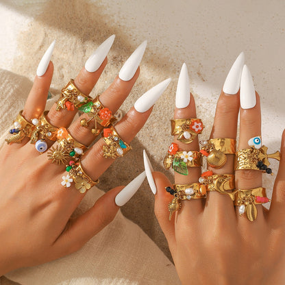 麦芽欧美不锈钢度假风开口戒指海螺海星贝壳珍珠花樱桃指环手饰品