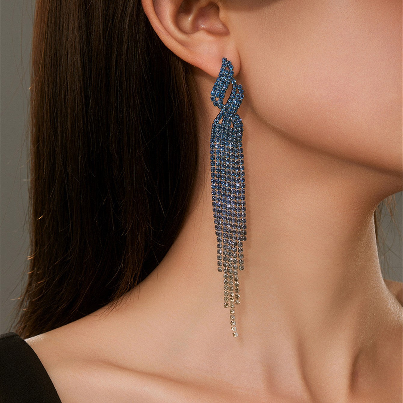 DINGKA时尚气质闪亮满钻长款流苏耳环女 高级感红色耳钉耳饰品