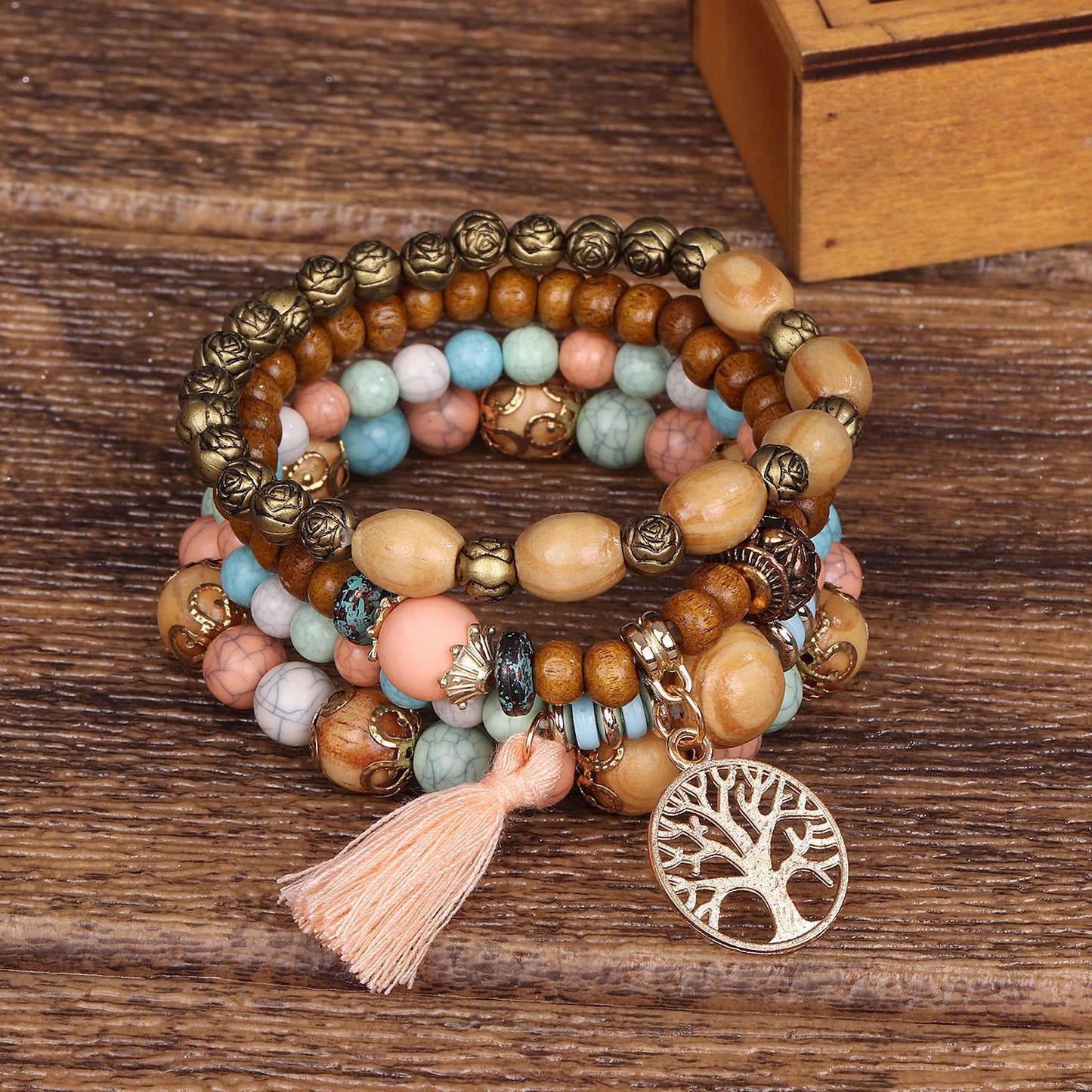Boho Multi-Layer Stackable Beaded Stretch Bracelet, Bohemian Wrap Bracelet with Tassel & "I Love You" Charm