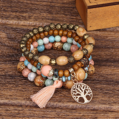 Boho Multi-Layer Stackable Beaded Stretch Bracelet, Bohemian Wrap Bracelet with Tassel & "I Love You" Charm