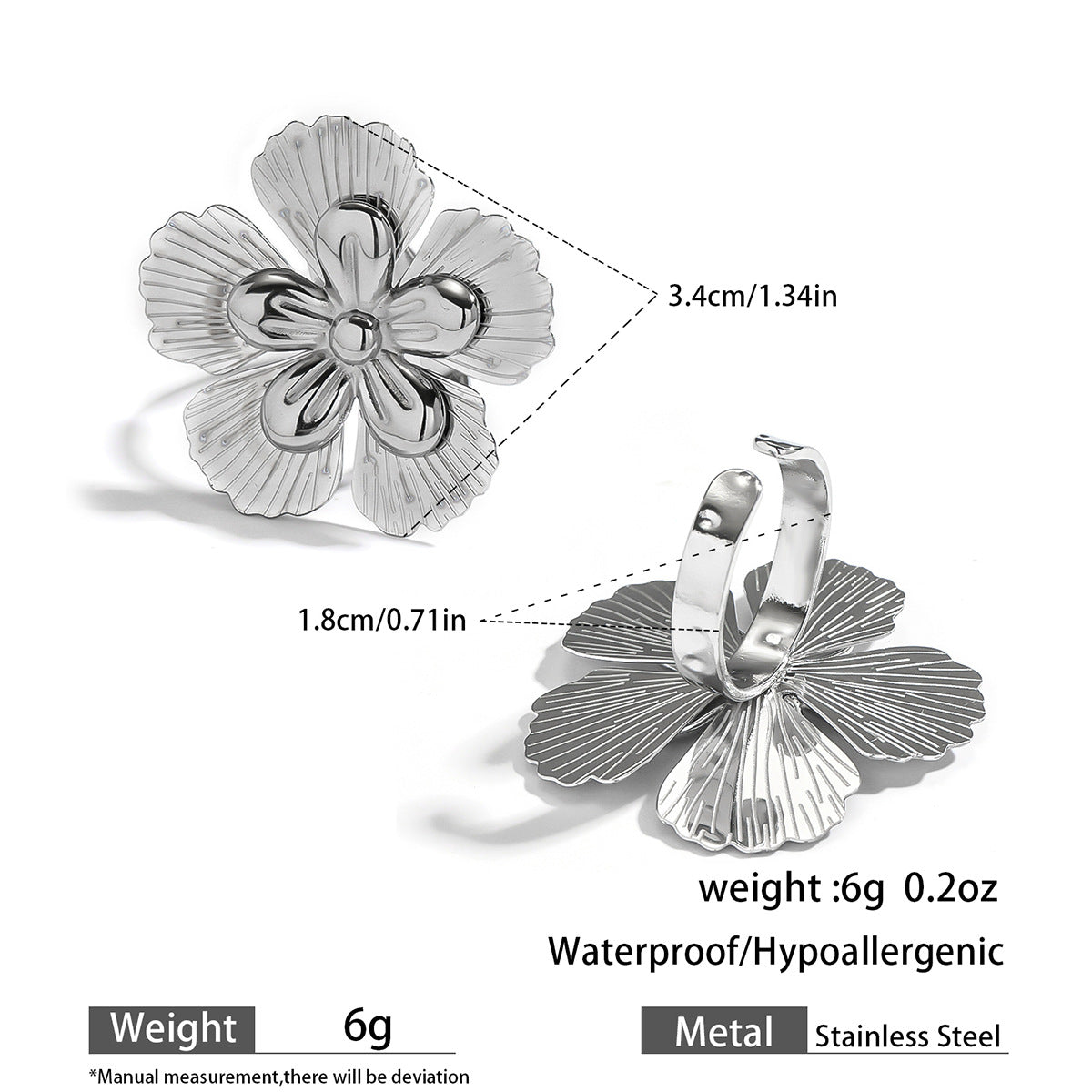 麦芽不锈钢不掉色花朵戒指女立体感开口设计指环夸张欧美跨境手饰