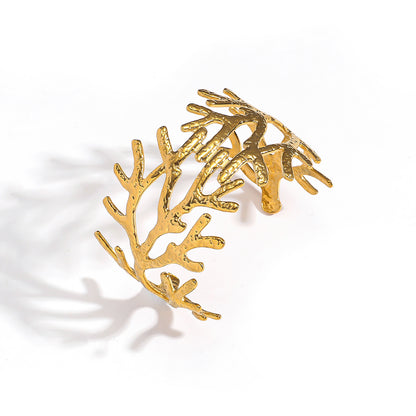 麦芽欧美跨境树枝珊瑚开口手镯不锈钢钛钢不掉色手环 ins时尚手饰