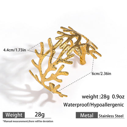麦芽欧美跨境树枝珊瑚开口手镯不锈钢钛钢不掉色手环 ins时尚手饰