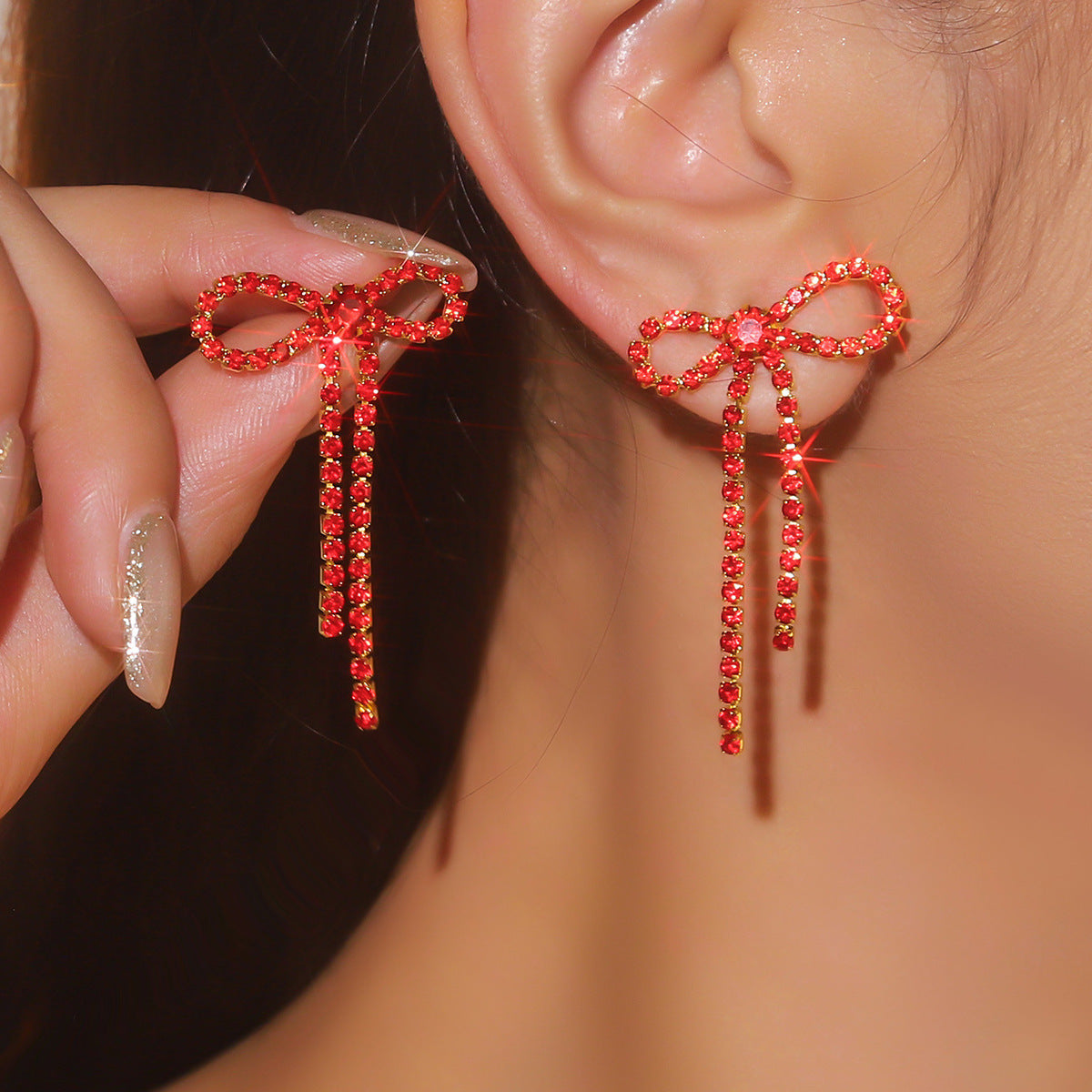 DINGKA 高级感蝴蝶结流苏耳环女 闪亮镶钻小耳钉高雅潮流耳饰品