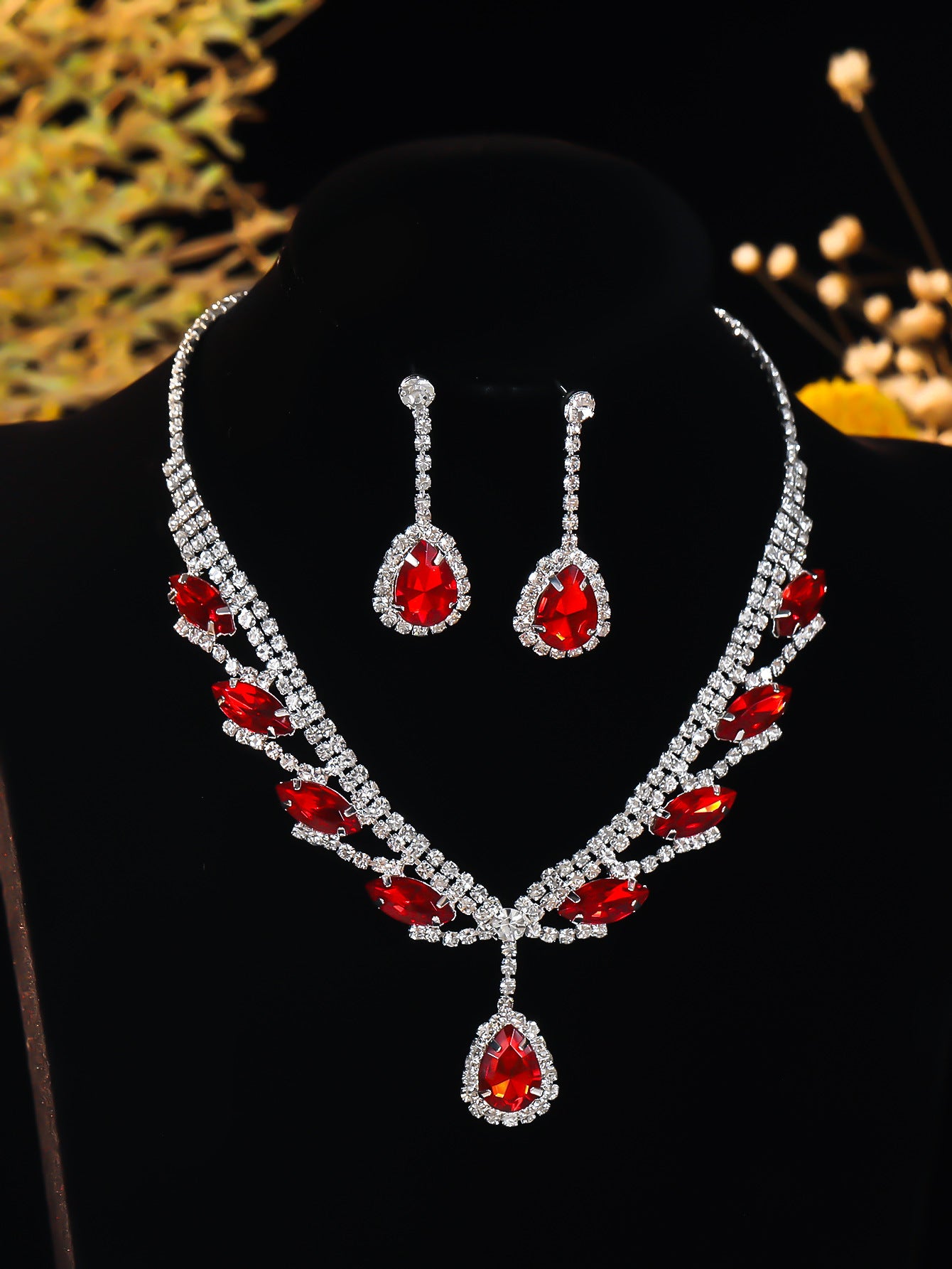 亚马逊爆款奢华水钻套链苹果绿色项链耳环套装 新娘首饰 水滴吊坠