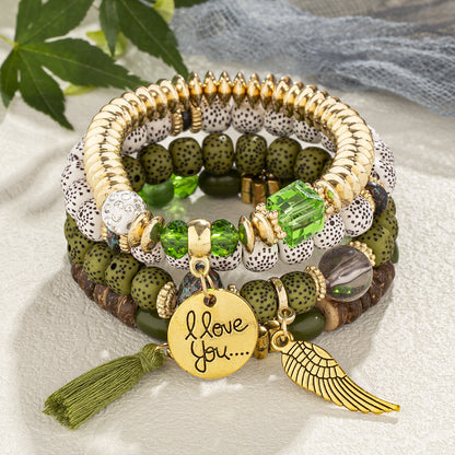Boho Multi-Layer Stackable Beaded Stretch Bracelet, Bohemian Wrap Bracelet with Tassel & "I Love You" Charm
