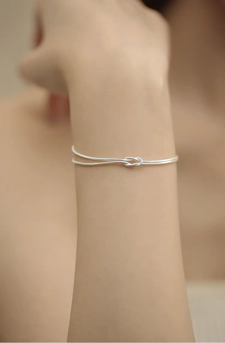 925 Silver Plated Knot Double Layer Bracelet for Women, Light Luxury & Trendy