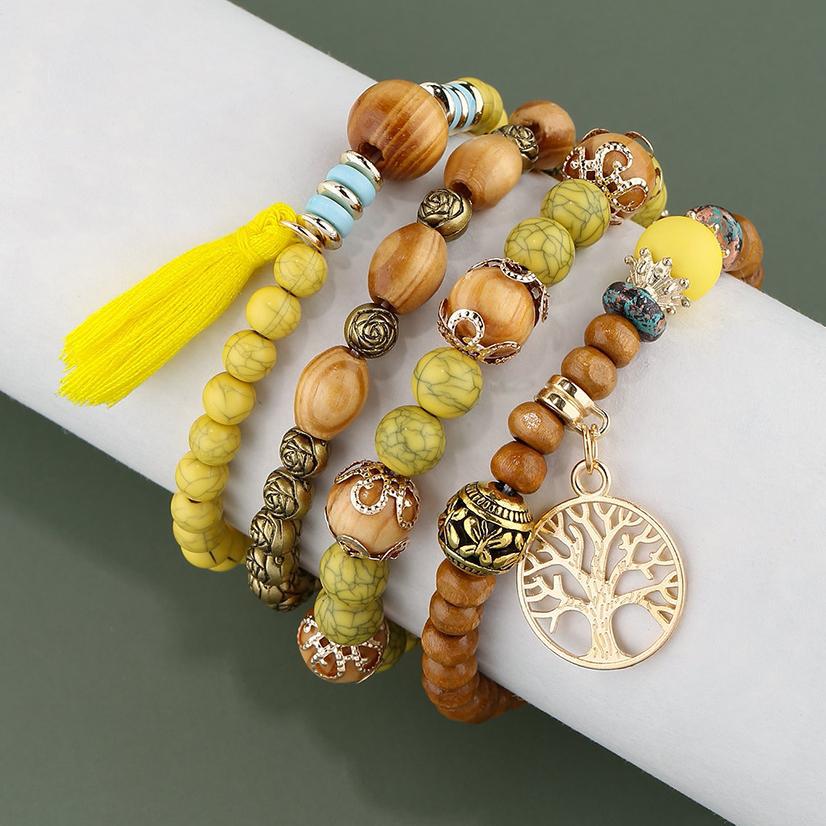 Bohemian Style Beaded Bracelet, Tassel Tree of Life Fashion Pendant, Wooden Bead Elastic Multilayer Bracelet
