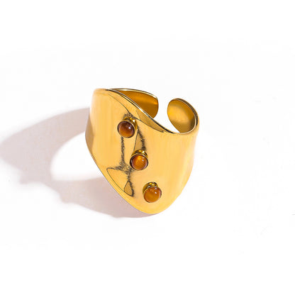 麦芽欧美ins风指环不锈钢18K金镶彩色天然石戒指女轻奢高级感手饰