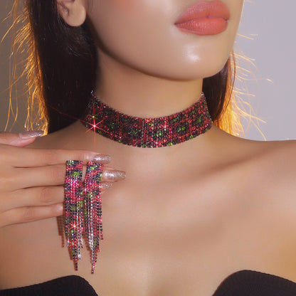 欧美跨境 奢华闪亮项链耳环两件套 豹纹新娘水钻首饰套装颈链饰品