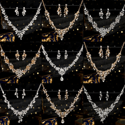 欧美新娘项链耳环套装复古水晶合金首饰搭配花朵水滴满钻礼服配饰