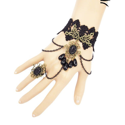 手工法式朋克复古手链戒指一体链万圣节手鬼节手链哥特流苏手饰
