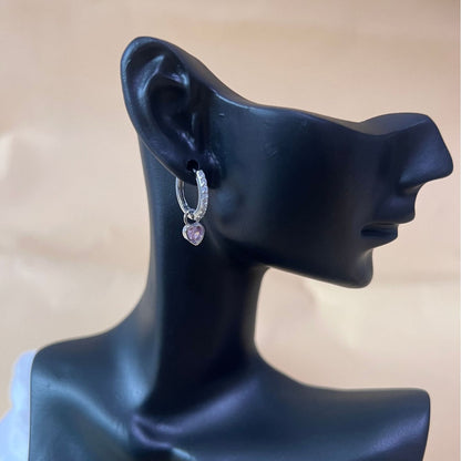 S925纯银针耳扣亚马逊跨境粉色心形吊坠耳环热卖环状耳环女士耳圈