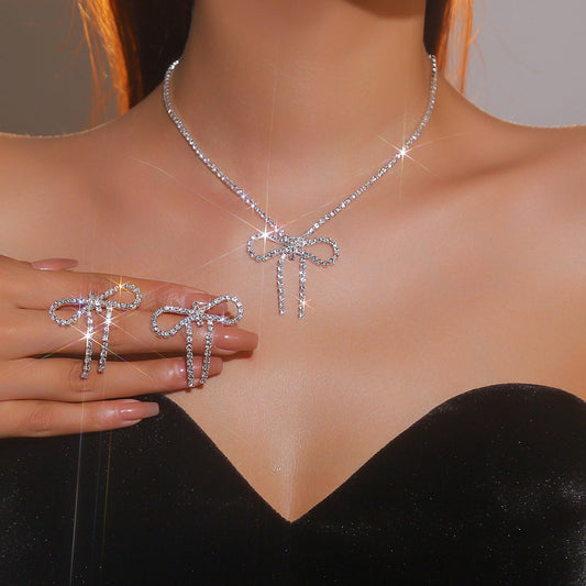 亚马逊爆款闪亮水钻蝴蝶结项链耳环套装 两件套走秀比赛项饰耳饰