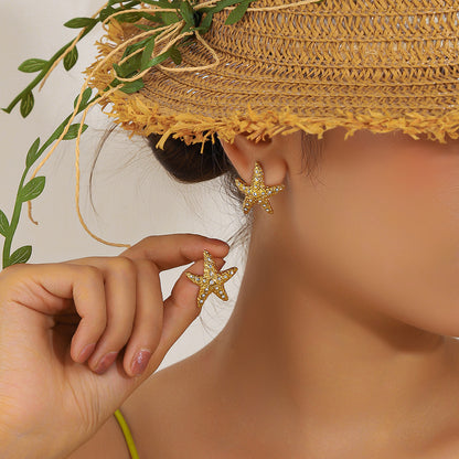 麦芽不锈钢钛钢海星星星锆石耳钉耳环女欧美跨境不掉色高级感耳饰