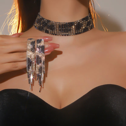 欧美跨境 奢华闪亮项链耳环两件套 豹纹新娘水钻首饰套装颈链饰品