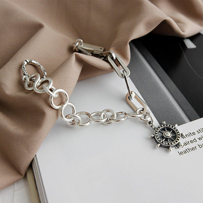 YH010韩版个性银链饰INS冷淡风复古做旧船舵链条S925纯银手链女