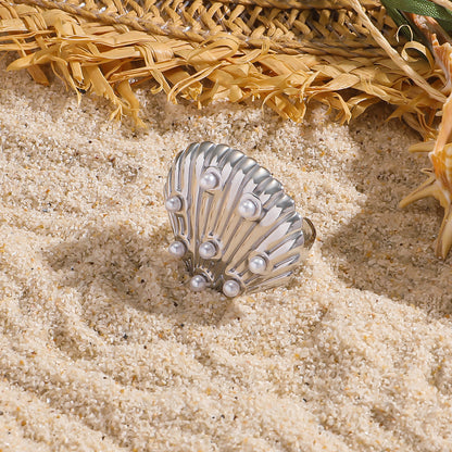 麦芽饰品欧美不锈钢钛钢戒指珍珠贝壳扇贝开口戒指环时尚轻奢手饰