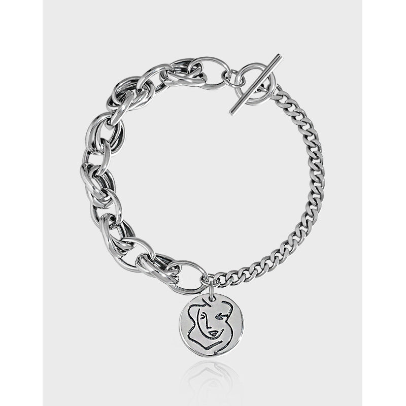 SLB0013韩版ins小众设计复古做旧质感头像圆牌OT扣S925纯银手链女