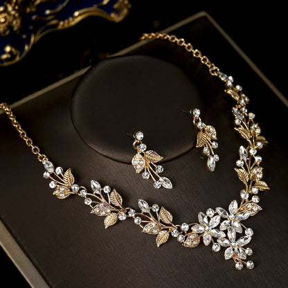 欧美新娘项链耳环套装复古水晶合金首饰搭配花朵水滴满钻礼服配饰