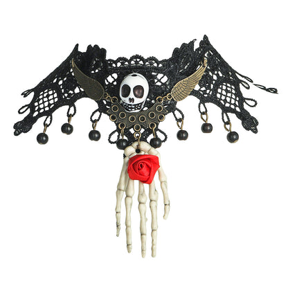 欧美跨境万圣节骷髅玫瑰手掌蕾丝项链女复古个性项圈暗黑风锁骨链