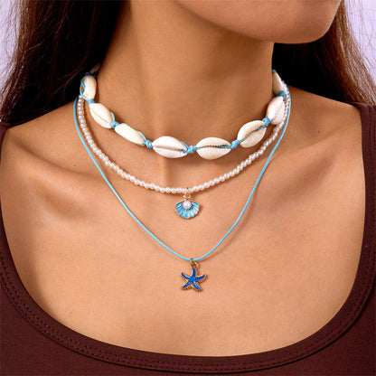 欧美夏季海洋度假海星贝壳海螺珍珠多层项链时尚夸张多层叠戴项链