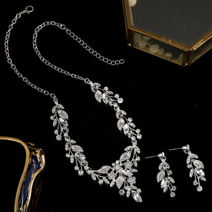 欧美新娘项链耳环套装复古水晶合金首饰搭配花朵水滴满钻礼服配饰