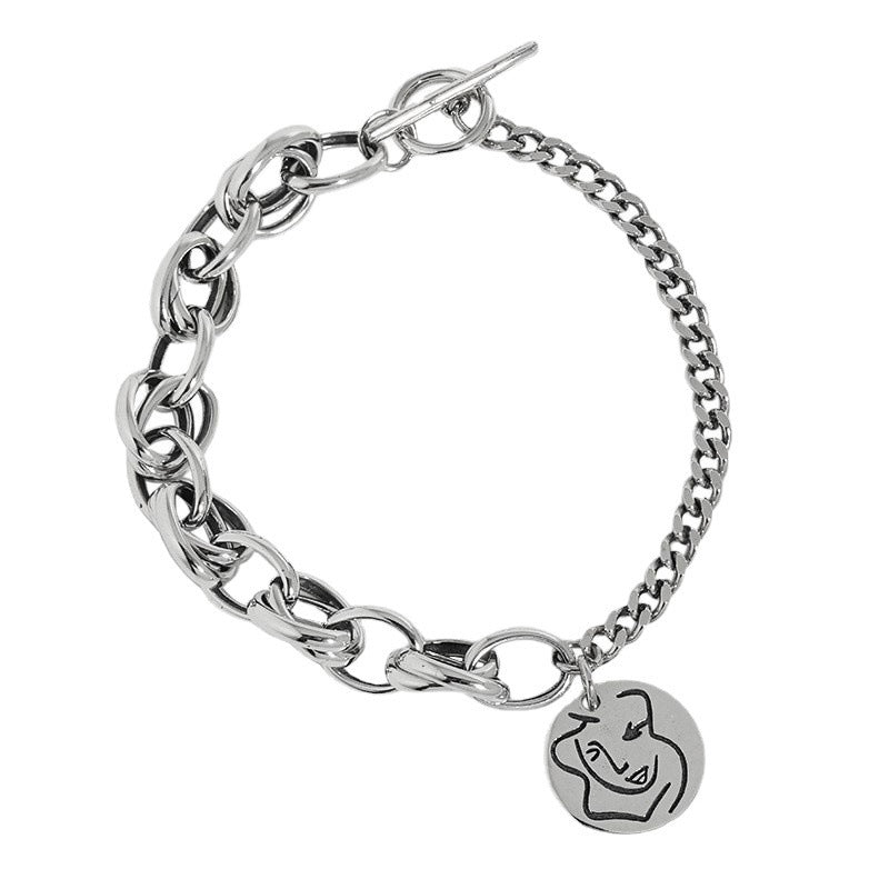 SLB0013韩版ins小众设计复古做旧质感头像圆牌OT扣S925纯银手链女