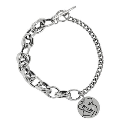 SLB0013韩版ins小众设计复古做旧质感头像圆牌OT扣S925纯银手链女