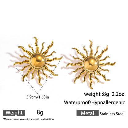 麦芽欧美跨境不锈钢钛钢太阳耳钉耳环开口戒指指环小众设计感饰品