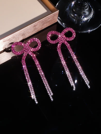 全铜 百搭蝴蝶结长款流苏耳环 时尚闪亮水钻耳钉无耳洞耳夹款