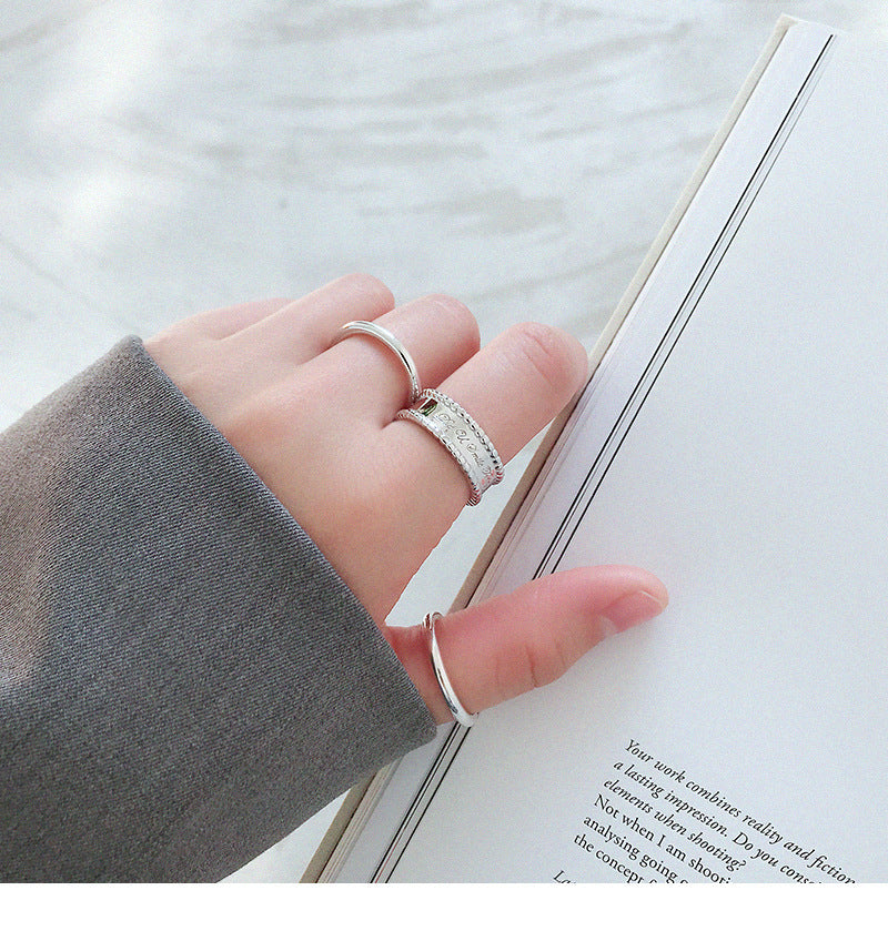 HJZ475 韩版S925纯银时尚个性CHIC风简约圆珠边宽面英文开口戒指