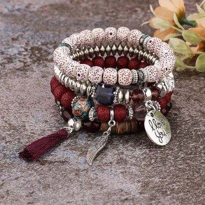 Boho Multi-Layer Stackable Beaded Stretch Bracelet, Bohemian Wrap Bracelet with Tassel & "I Love You" Charm