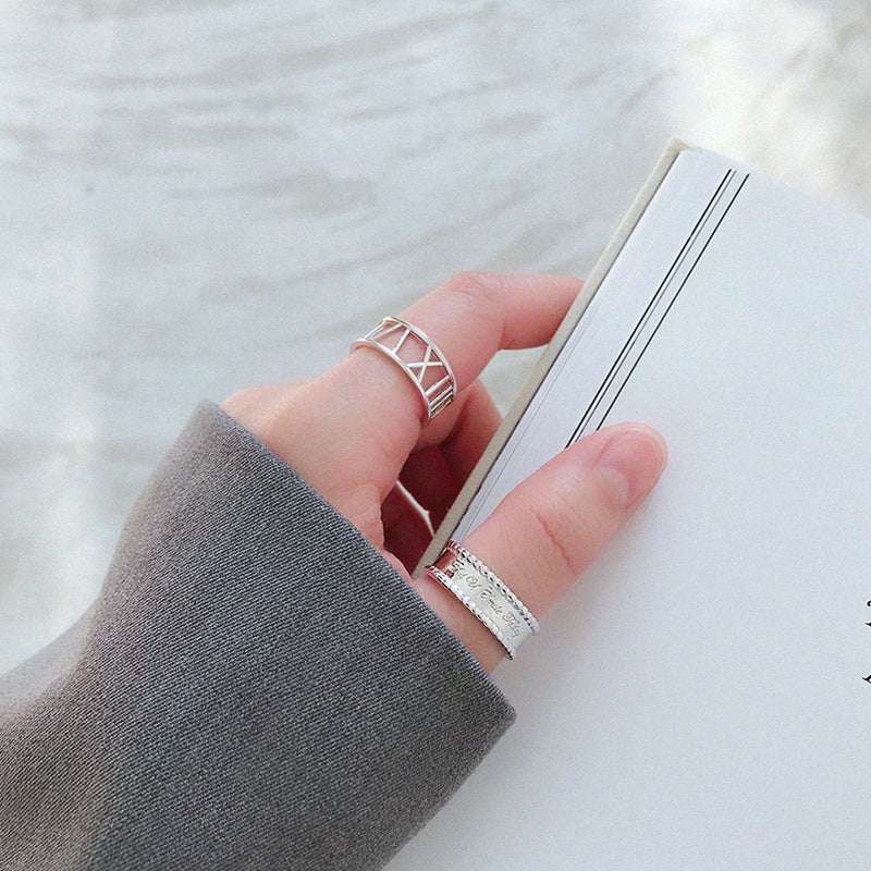 HJZ475 韩版S925纯银时尚个性CHIC风简约圆珠边宽面英文开口戒指