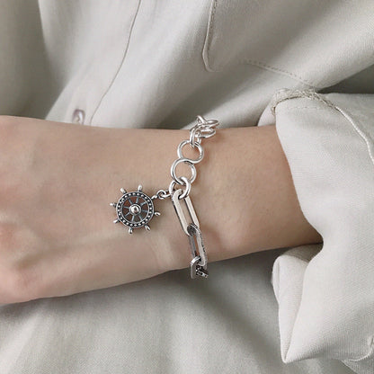 YH010韩版个性银链饰INS冷淡风复古做旧船舵链条S925纯银手链女