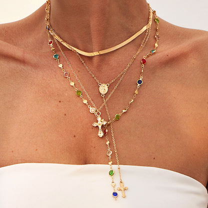 欧美跨境嘻哈ins风镶钻十字架吊坠项链 时尚仿珍珠链条叠戴项饰女