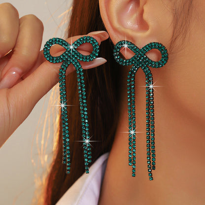全铜 百搭蝴蝶结长款流苏耳环 时尚闪亮水钻耳钉无耳洞耳夹款