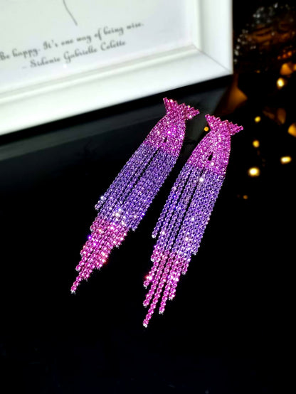 欧美时尚重工款满钻半圆蓝流苏水钻长耳线耳坠气质耳环交叉水钻耳