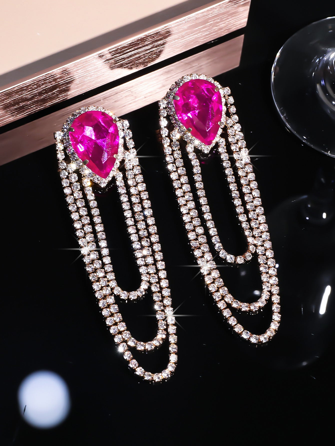 町卡饰品气质奢华闪亮水钻长款耳环女时尚渐变彩色流苏大耳环耳饰