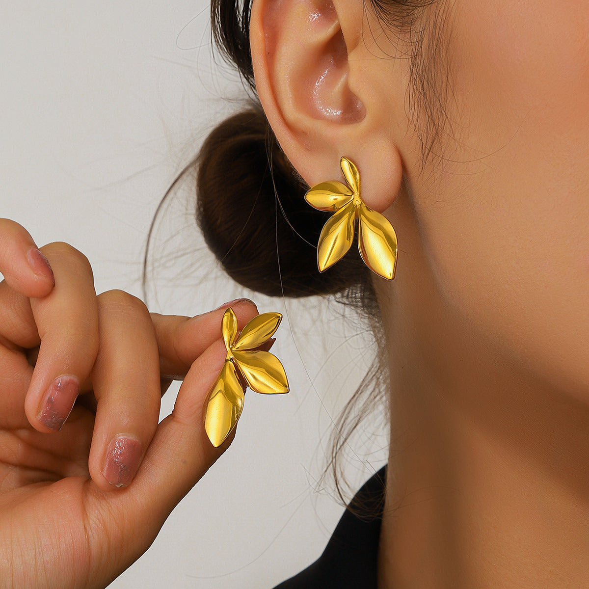 麦芽不锈钢钛钢树叶子花瓣花朵耳环耳钉女欧美跨境轻奢小众耳饰品