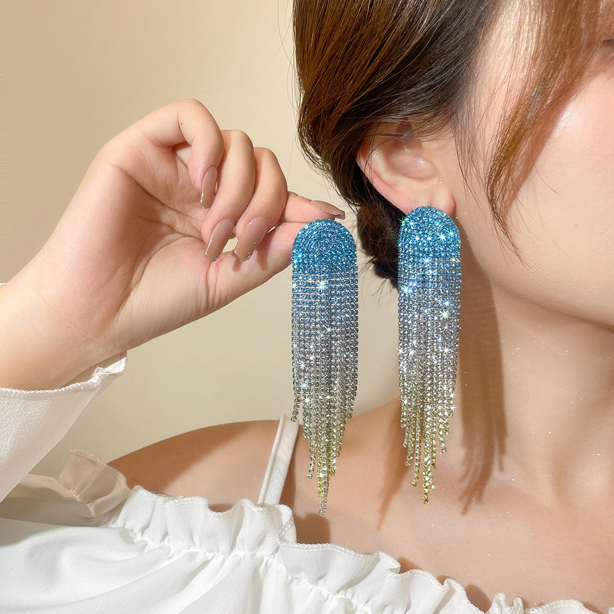 欧美气质渐变色潮水钻长款流苏耳环女 高级感耳钉耳饰品 earrings