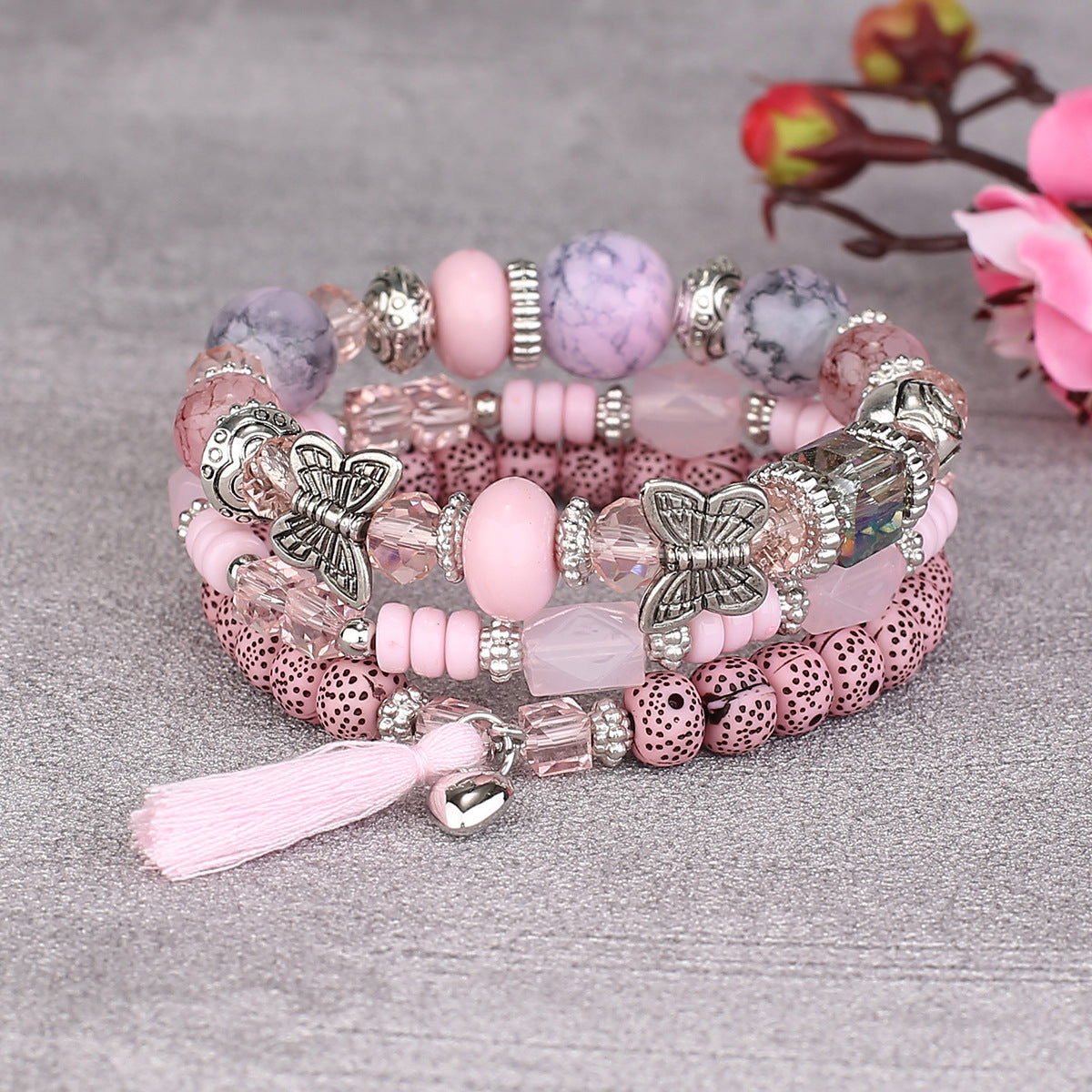 Boho Multi-Layer Stackable Beaded Stretch Bracelet, Bohemian Wrap Bracelet with Tassel & "I Love You" Charm